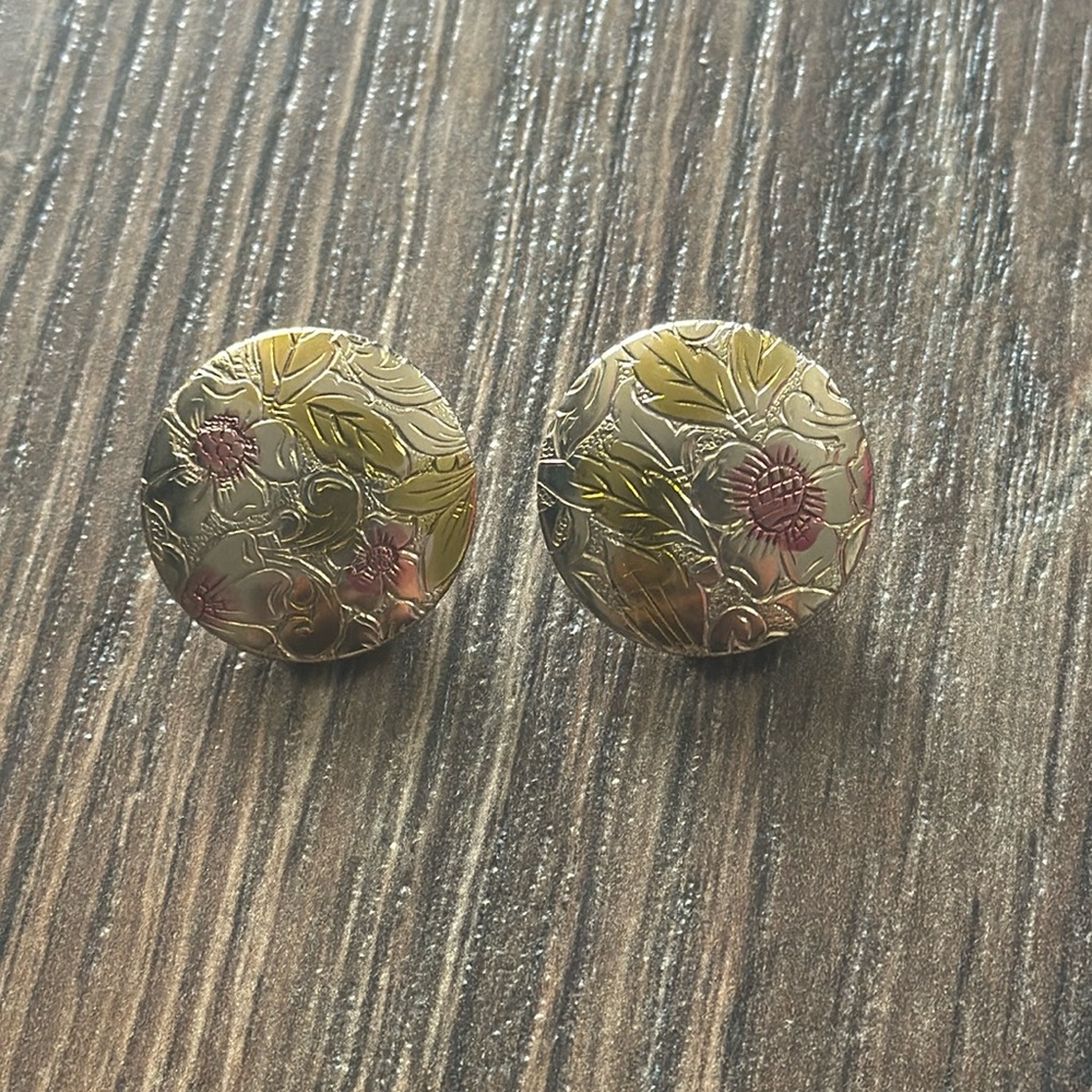 Gold Floral Round Button Stud Earrings - Women's Fashion